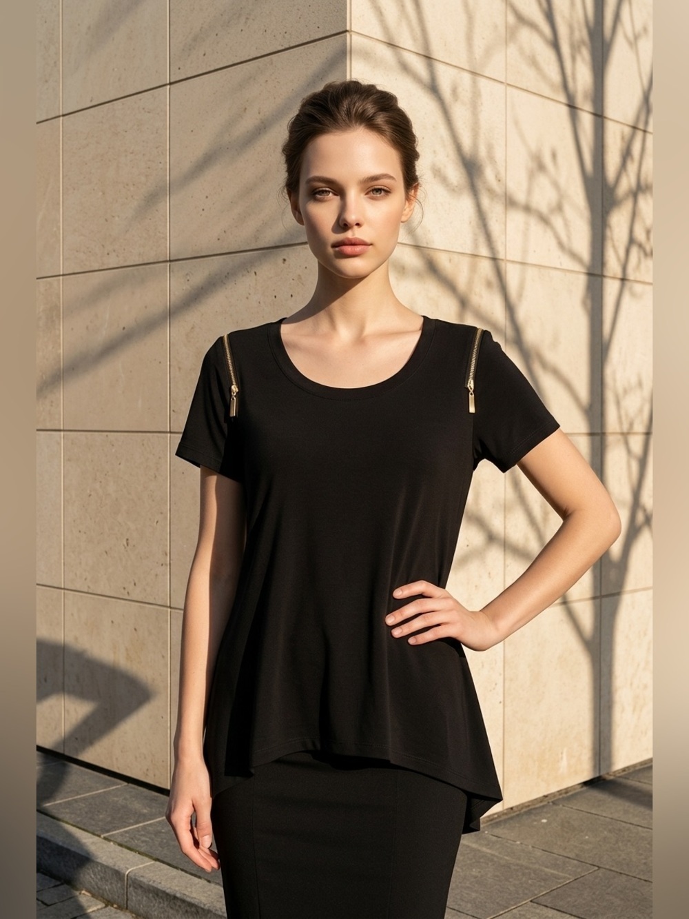 Chaus Black Short-Sleeve Tunic with Gold Shoulder Zips